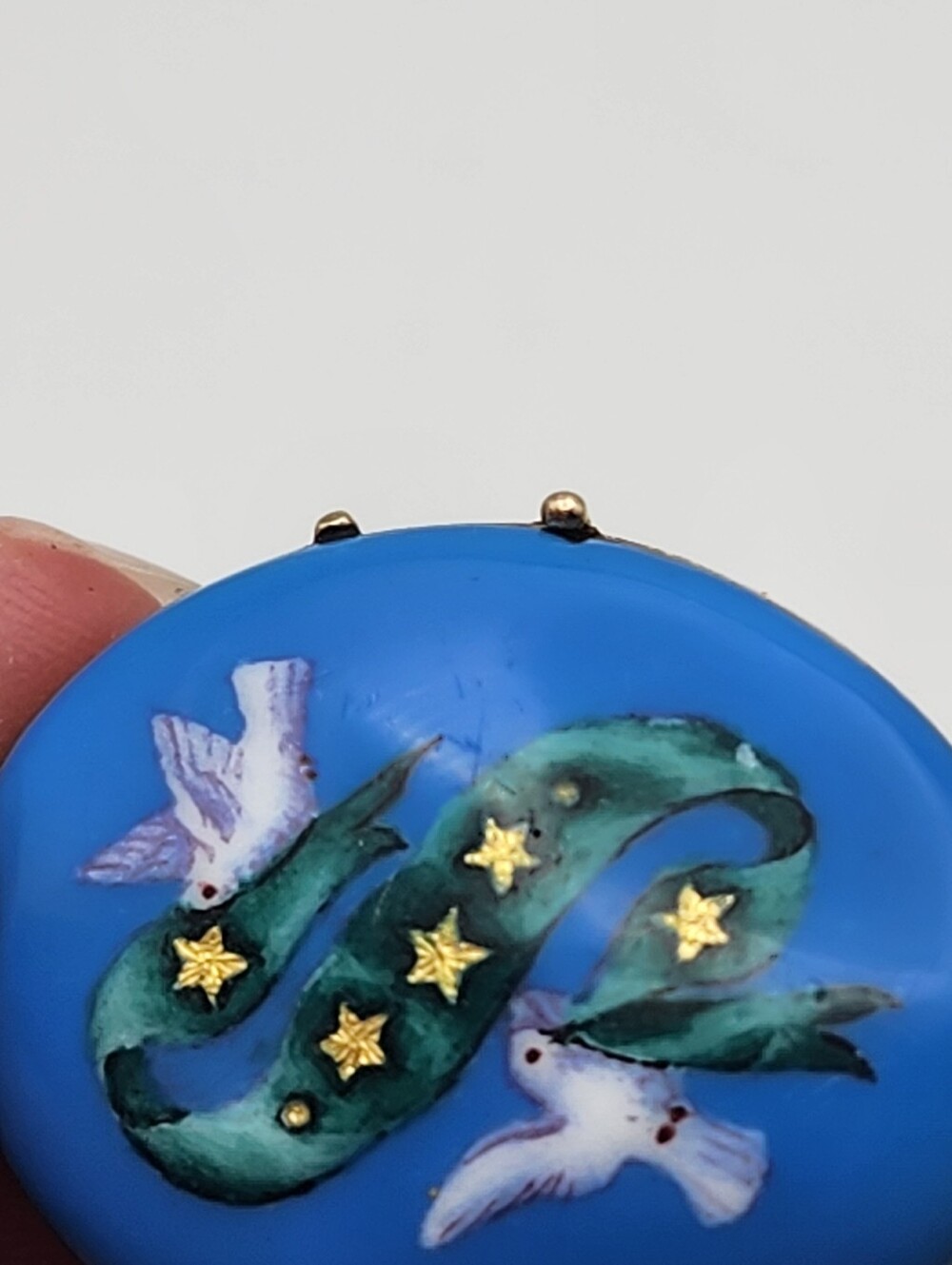 Antique Victorian 14K & Blue Enamel Doves, Ribbon, & Stars Locket - Picture 9 of 10